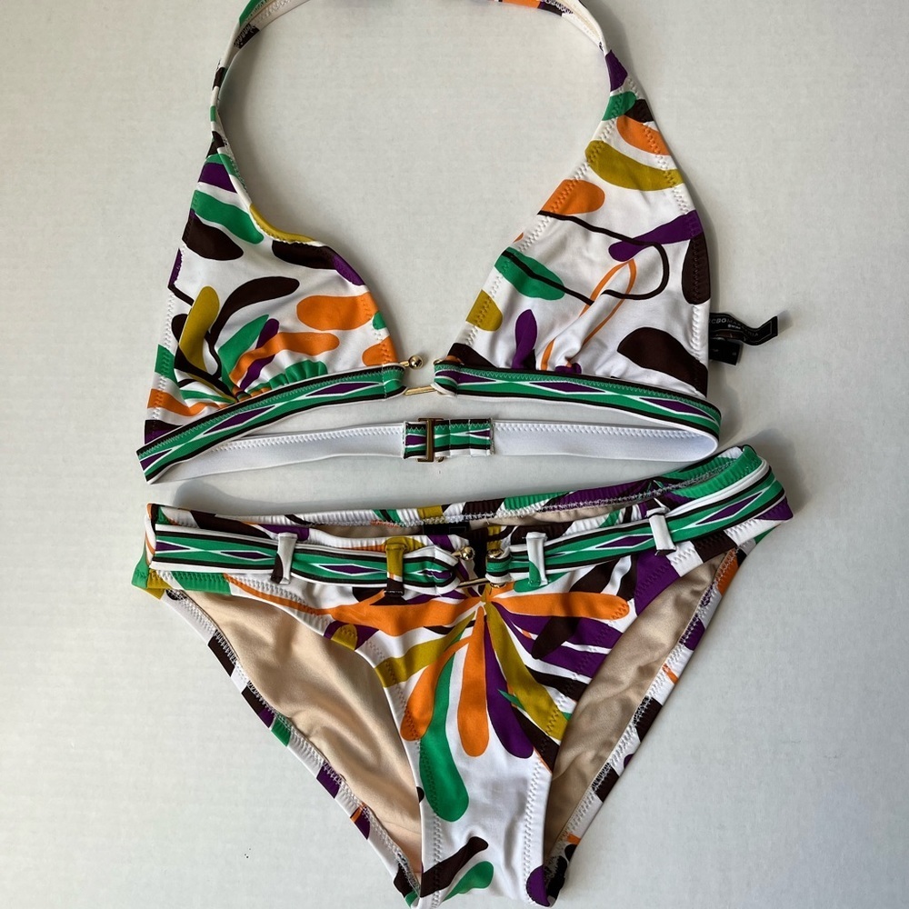 BCBGMAXAZRIA Womens Sz S Halter Floral Bikini Multicolor Swim Set Vibrant Gold